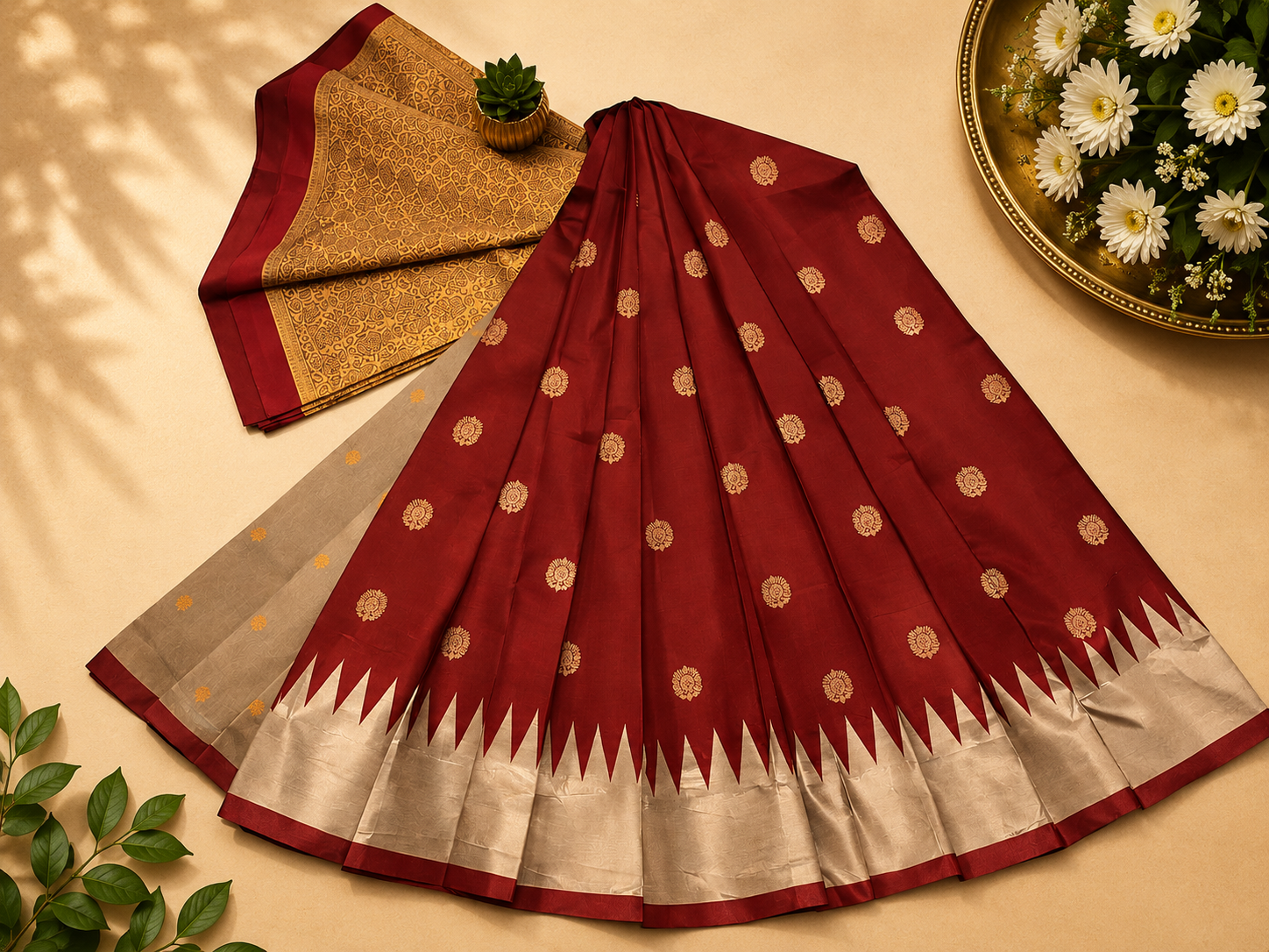 Classic maroon and gold Kanchipuram-style cotton silk saree, distinguished by its vibrant zigzag temple border and gold zari buttas.