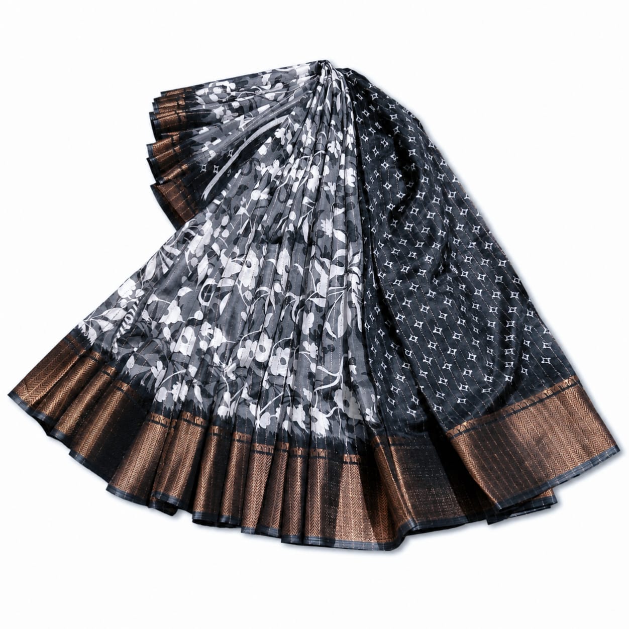 Elegant black and grey Semi-Tussar silk saree, featuring a floral print on one side, a geometric pattern on the other, and a rich copper zari border
