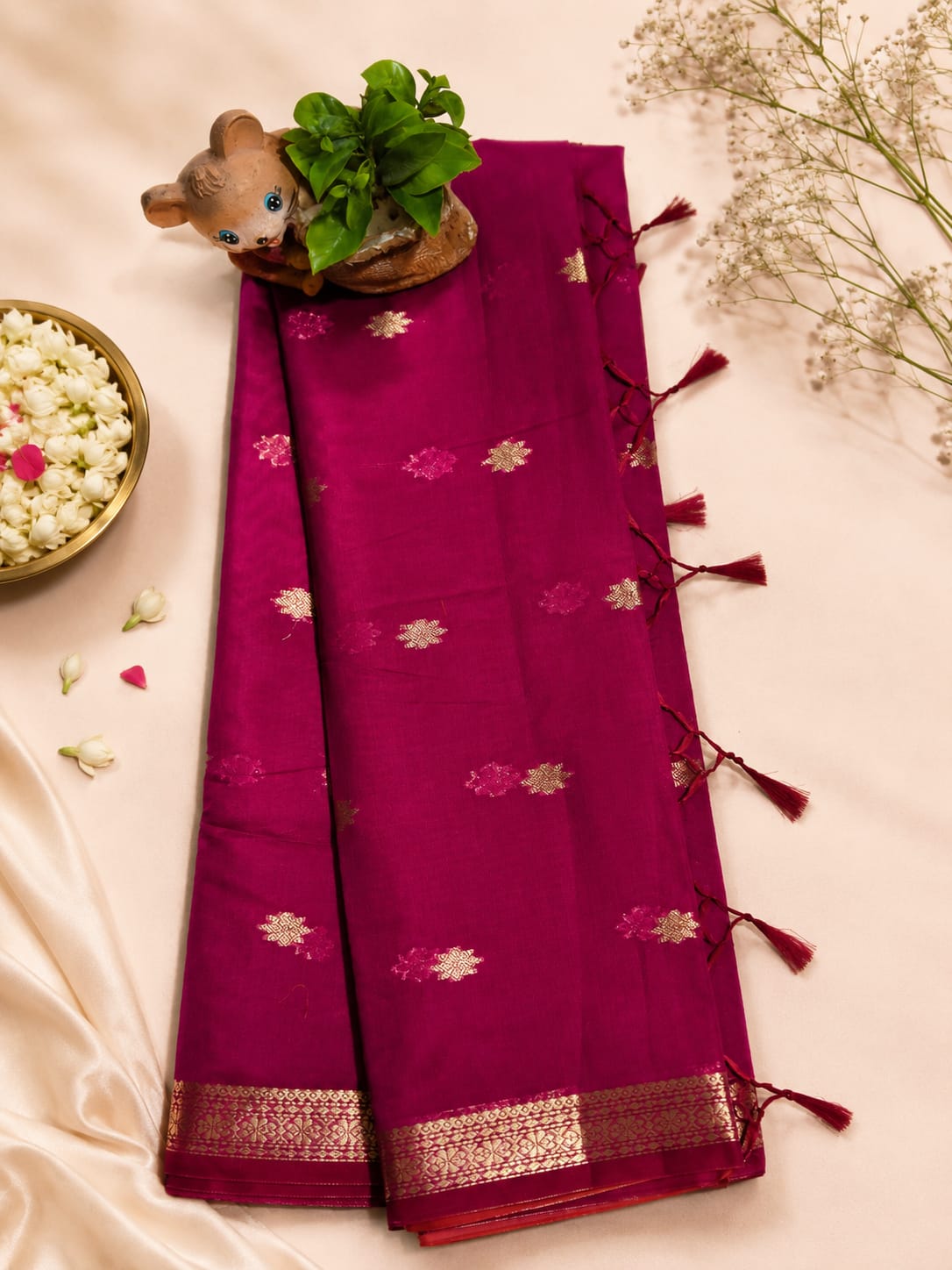 Maheshwari silk-cotton saree presented in a deep magenta hue. It is adorned with gold zari