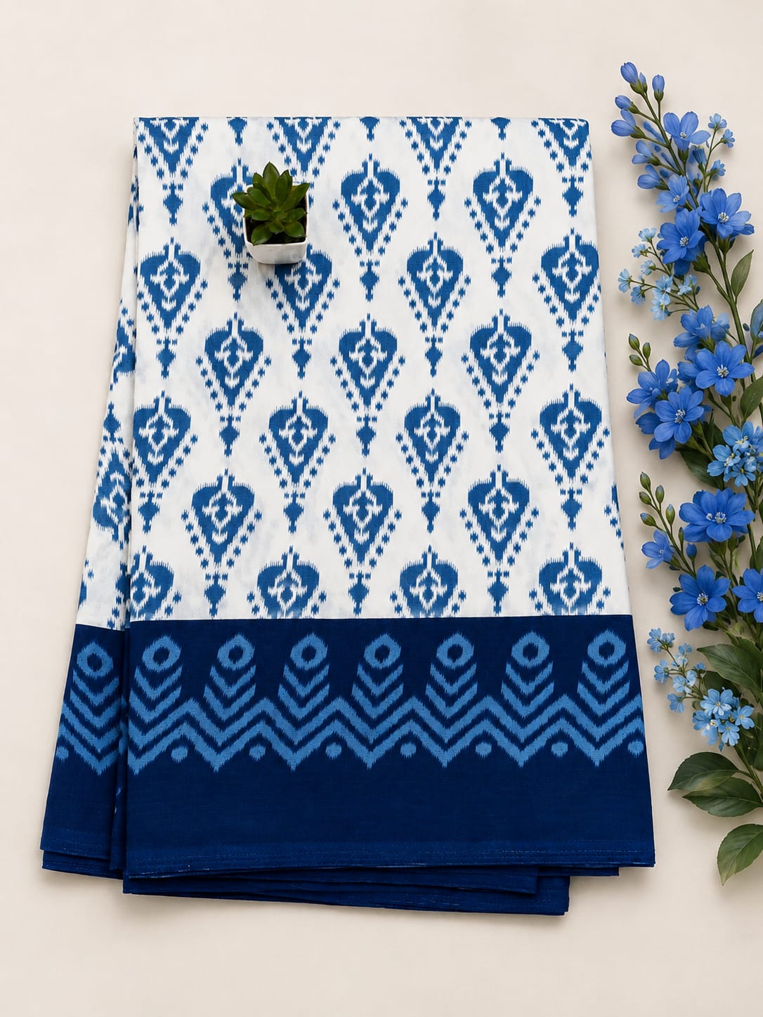 Striking white and blue Ikat patterned saree features a bold, geometric border with classic chevron