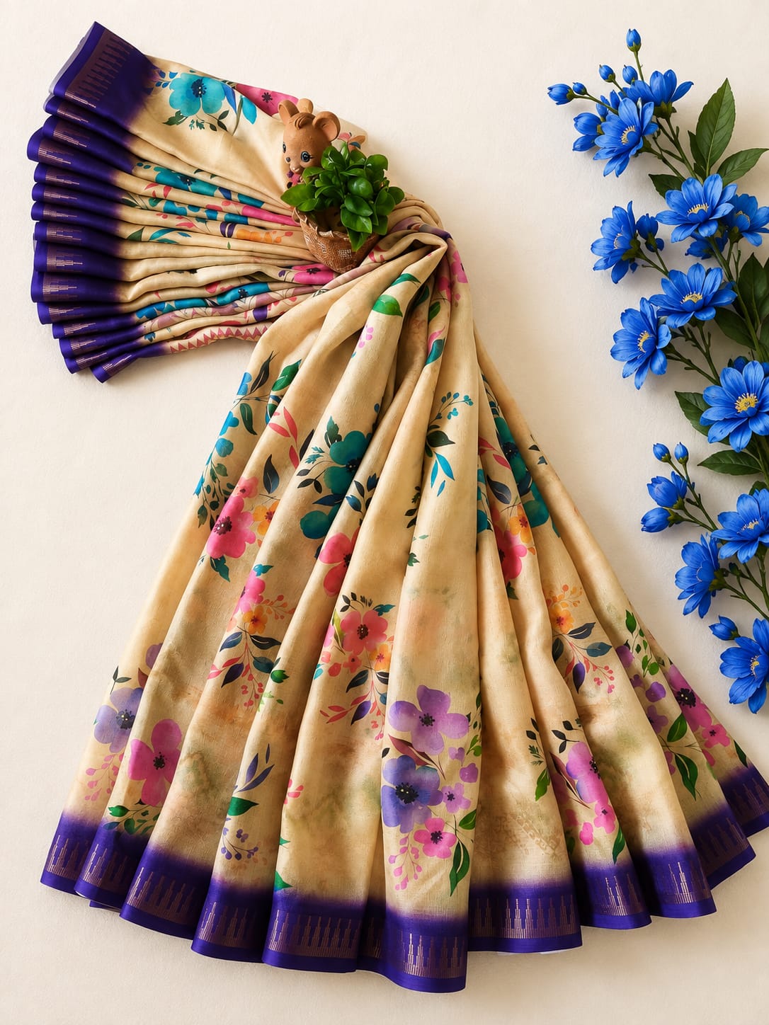 Elegant Lenin Cotton- beige floral digital print saree featuring multicolored watercolor-style flowers across the body and a contrasting deep purple border with subtle zari work.