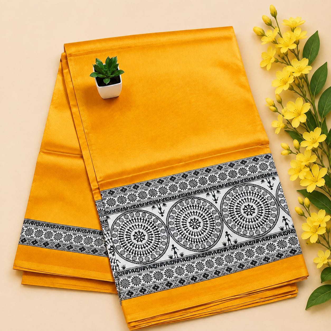 Vibrant yellow cotton saree features a striking black Warli print border and pallu
