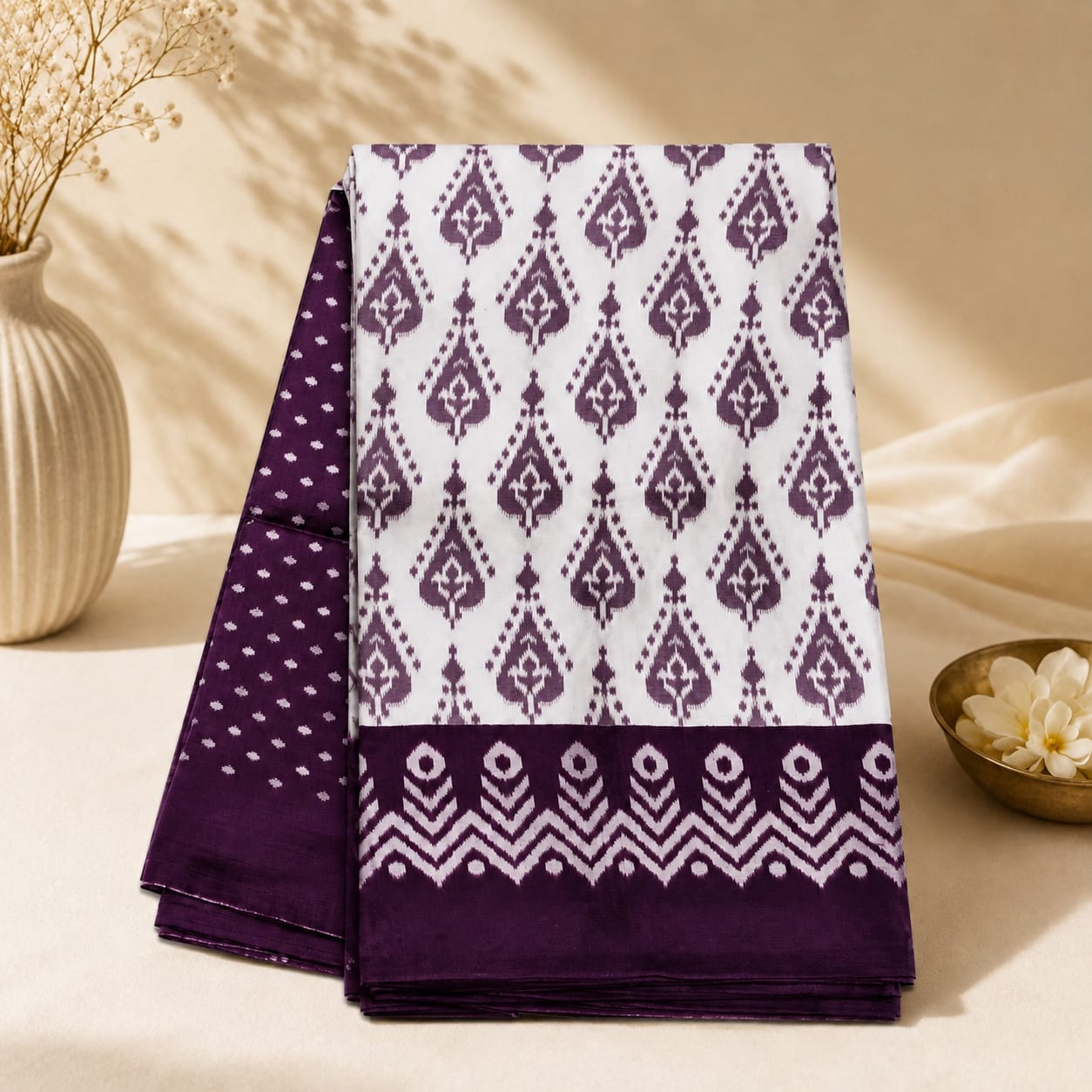 Elegant Sana Trendy cotton saree features a rich purple and white geometric print with a contrasting polka dot