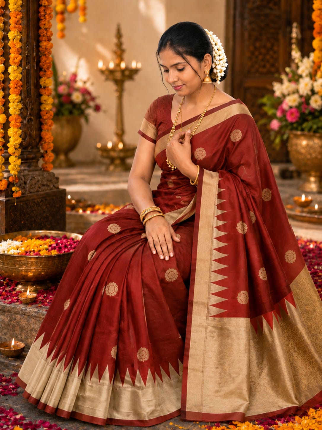 Classic maroon and gold Kanchipuram-style cotton silk saree, distinguished by its vibrant zigzag temple border and gold zari buttas.