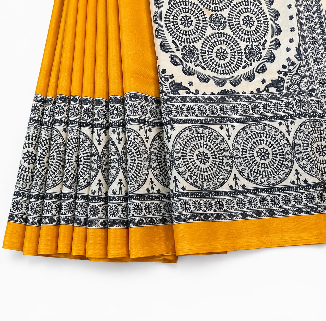 Vibrant yellow cotton saree features a striking black Warli print border and pallu