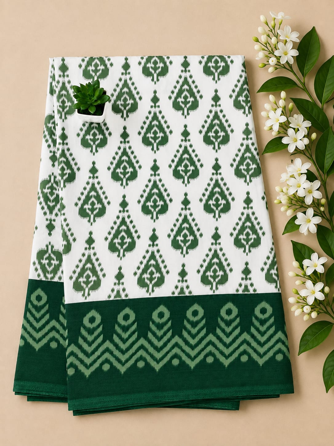 Elegant green and white ikat cotton saree features a distinct diamond-patterned body and a contrasting woven border