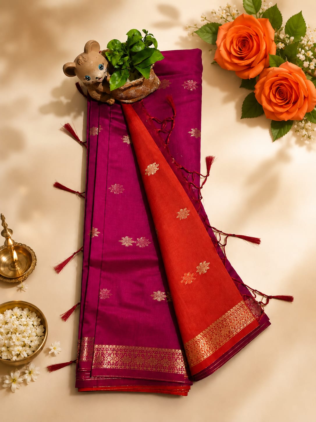 Maheshwari silk-cotton saree presented in a deep magenta hue. It is adorned with gold zari