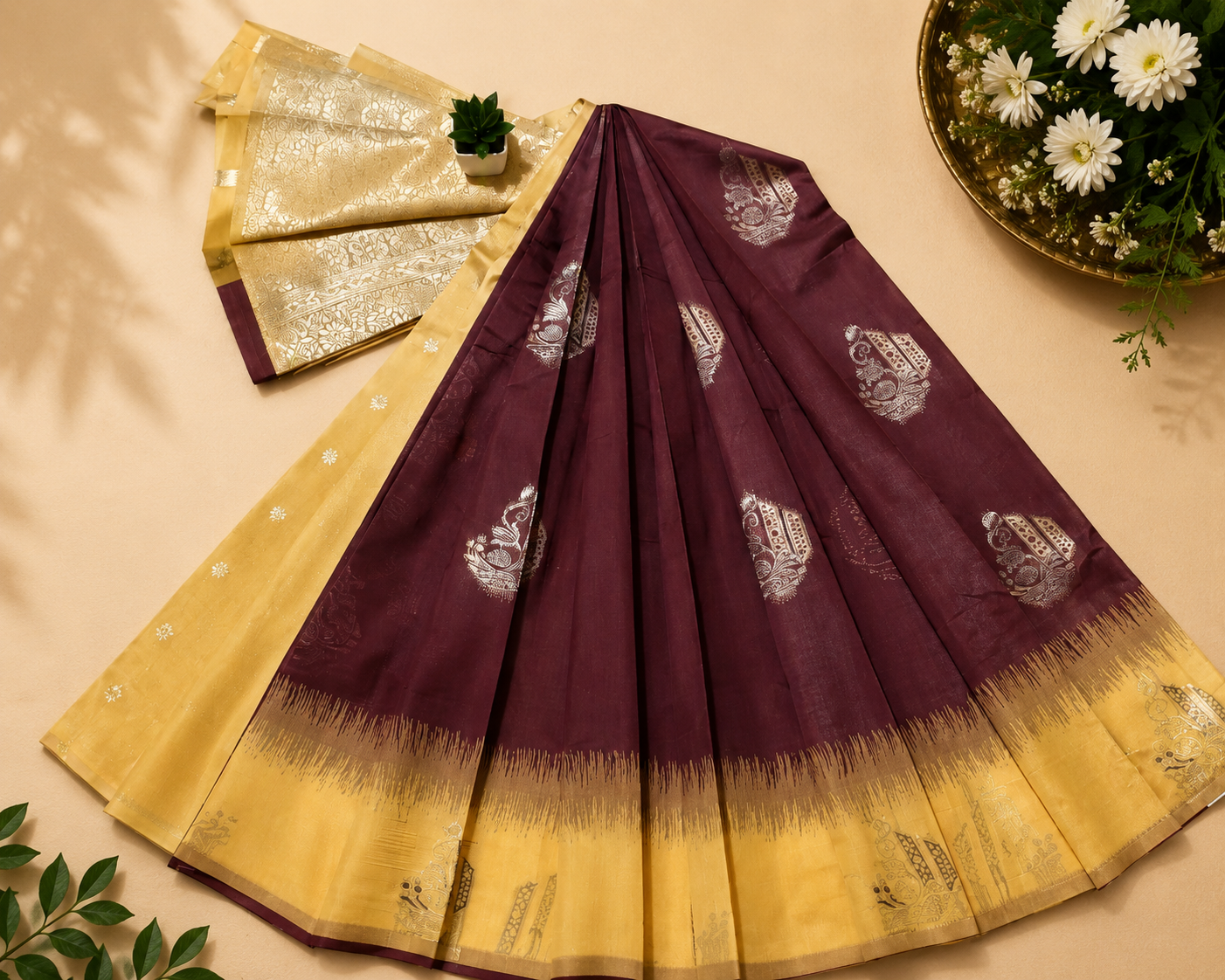 Beautiful maroon and yellow cotton saree feature traditional silver motifs and a shimmering golden pallu.