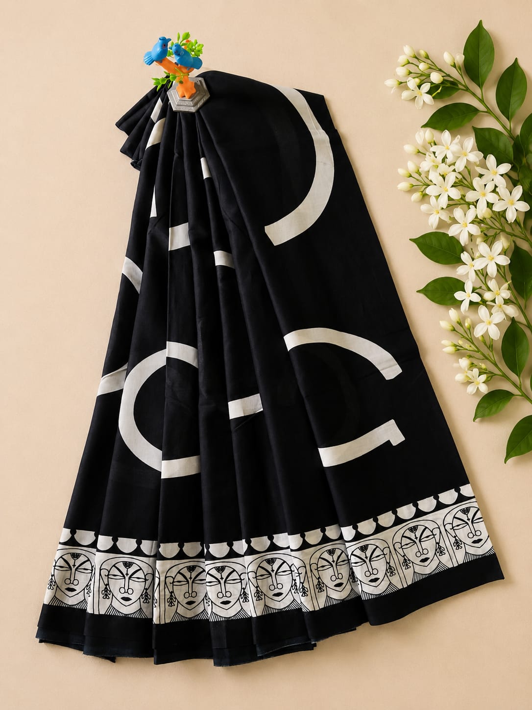 Hand-block printed Khadi cotton saree designed in a striking black