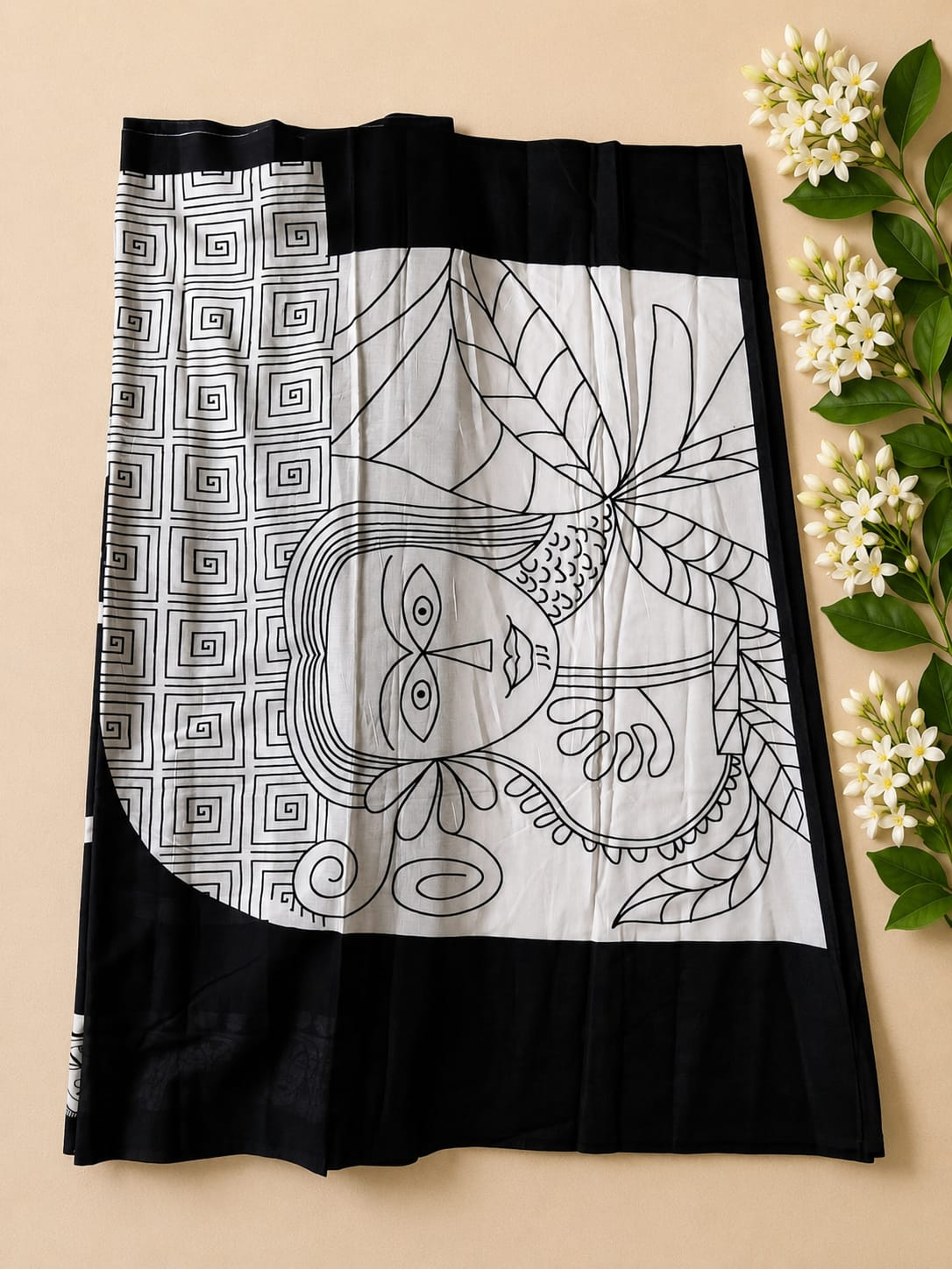 Hand-block printed Khadi cotton saree designed in a striking black