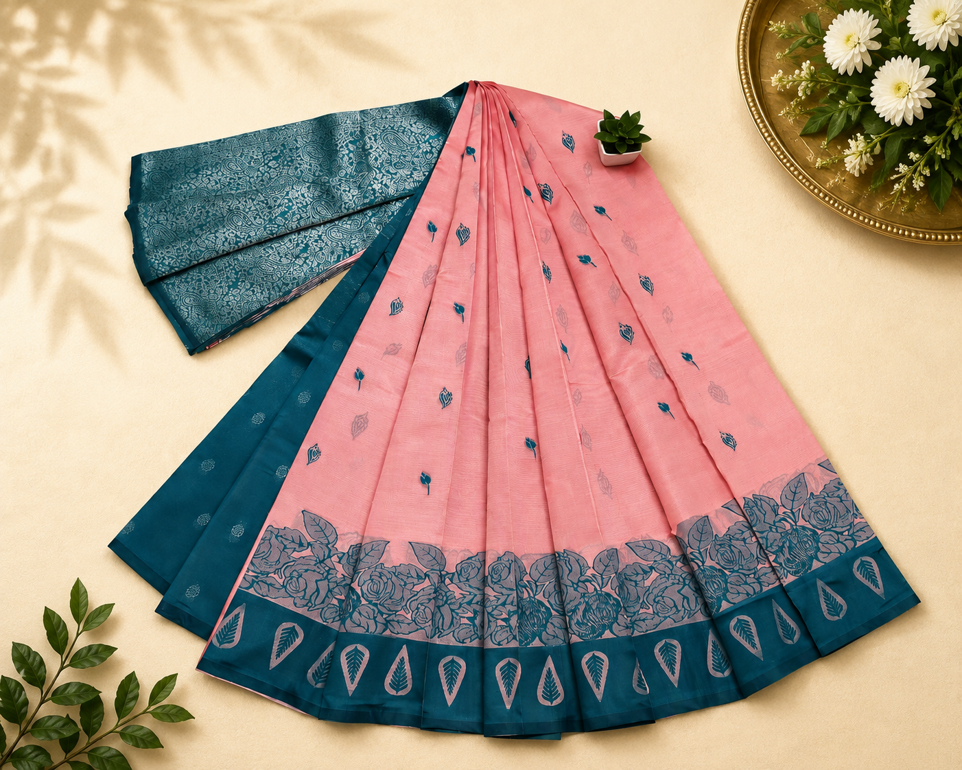Pink cotton saree featuring a dark green border adorned with intricate leaf and floral block print motifs.