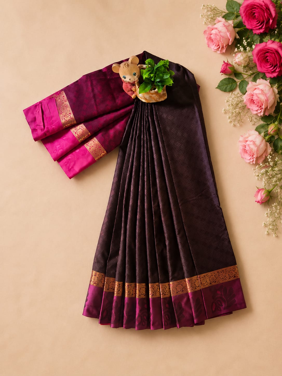 Authentic Kanchipuram silk saree featuring a deep aubergine/wine-colored body with a contrasting magenta border and traditional gold zari work.