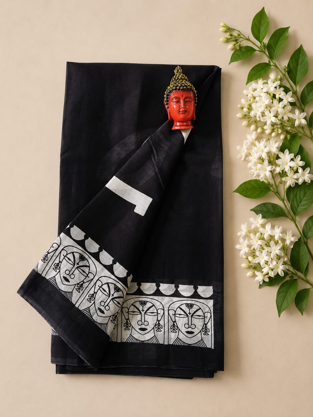 Hand-block printed Khadi cotton saree designed in a striking black