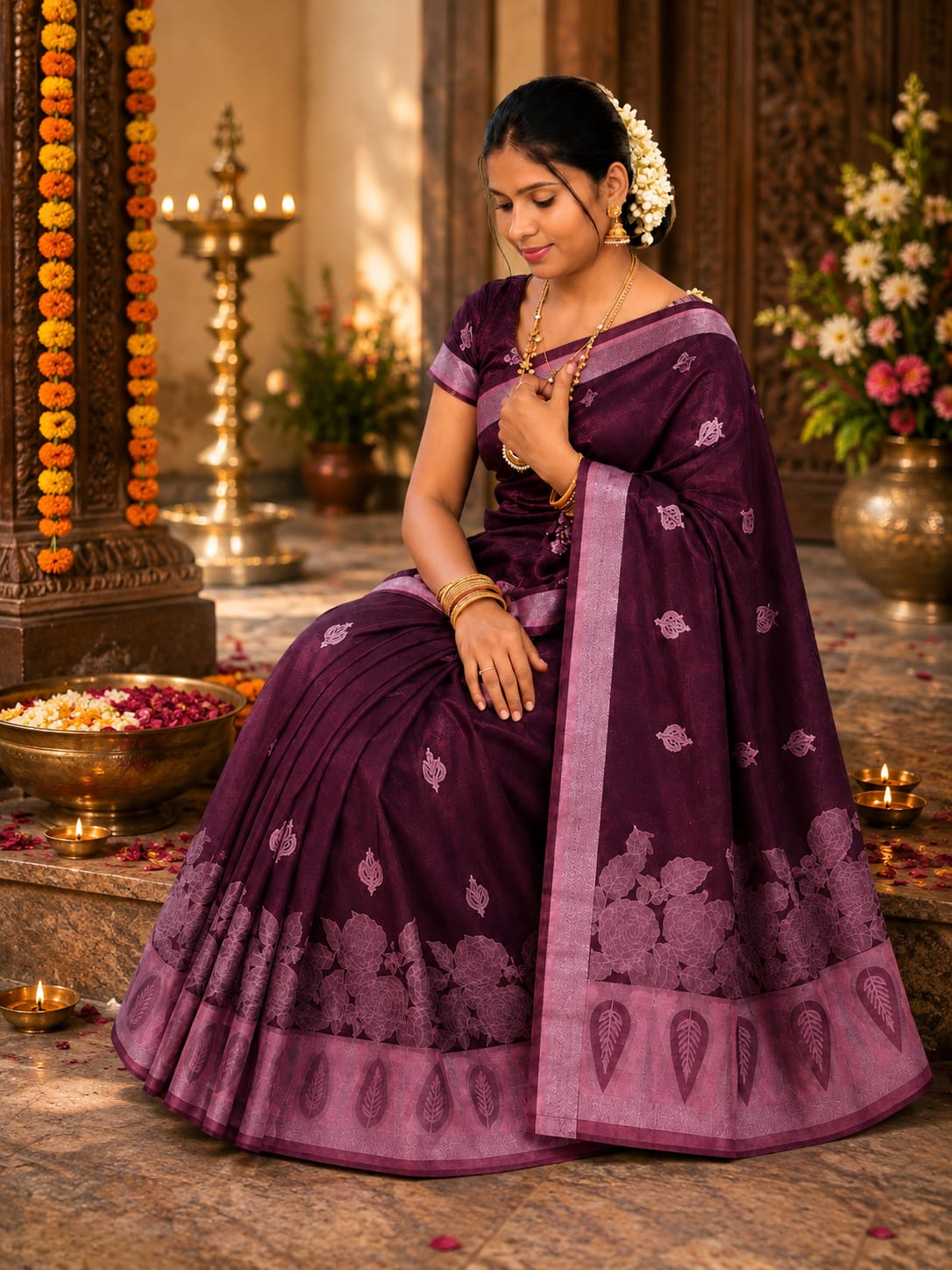This elegant deep purple Banarasi silk saree features intricate woven Zari motifs and a contrasting dark purple border with delicate floral patterns.